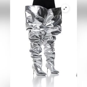 AKIRA Azeala Wang  Silver Thigh High Boots